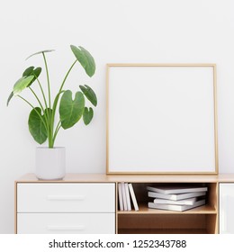 Modern Living Room Interior With A Wooden Dresser, A Square Poster Mockup And A Green Plant, 3D Render