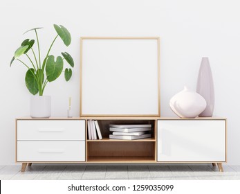 Modern Living Room Interior With A Wooden Dresser, A Square Poster Mockup And A Green Plant, 3D Render