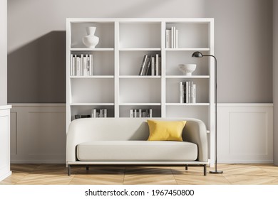 Modern living room interior with wooden floor, furniture, table and sofa, living space, panoramic window. Home architecture concept. No people. 3d rendering - Shutterstock ID 1967450800
