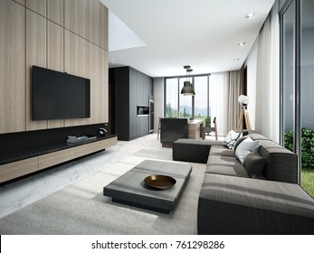 Modern Living Room And Kitchen 3D Render