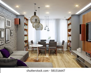 Modern living room and kitchen interior design in gray colors. 3d rendering - Shutterstock ID 581516647