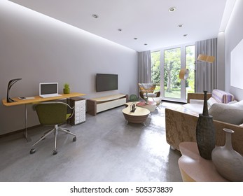 Modern Living Room In Kitsch Style, With TV Unit, Bookcase And Work Space. 3D Render.