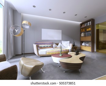 Modern Living Room In Kitsch Style, With TV Unit, Bookcase And Work Space. 3D Render.