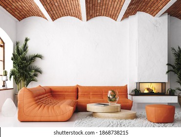 Modern Living Room Loft With Orange Leather Sofa And Brick Ceiling, 3d Render