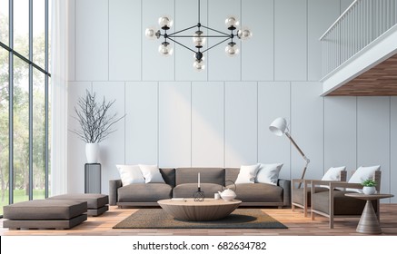 Modern living room with mezzanine 3d rendering image.There are wooden floor decorate wall with groove.furnished with brown fabric furniture.There are large windows look out to see the nature
