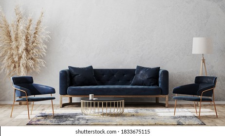 Modern Living Room Mock Up With Dark Blue Sofa, Armchairs Near Coffee Table, Modern Rug, Floor Lamp And Empty Gray Wall, Luxury Living Room Interior Background, 3d Rendering