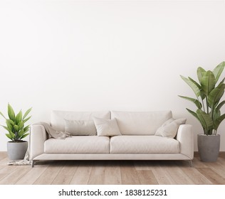  Modern Living Room Mockup, Beige Sofa In Bright Interior Design, 3d Render, 3d Illustration