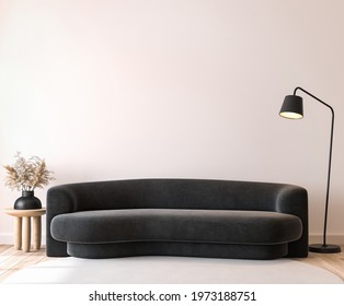 Modern Living Room Mockup, Black Minimal Sofa On Empty Wall Background, 3d Render, 3d Illustration