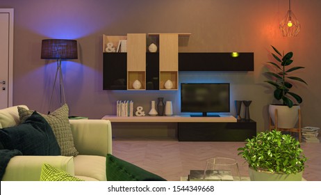 Modern Living Room With Multi-colored Led Lights - Smart Home - 3D Render