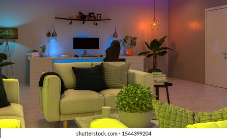 Modern Living Room With Multi-colored Led Lights - Smart Home - 3D Render