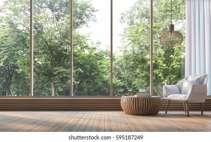 Modern living room with nature view 3d rendering Image. There are decorate room with wood. There are large window overlooking the surrounding nature and forest