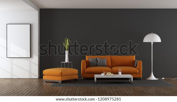 Modern living room with orange sofa and\
footstool against gray wall - 3d\
rendering
