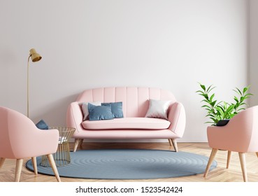 Modern Living Room With Pink Furniture. Interior Design. 3d Rendering