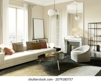 Modern Living Room Of Provence Style Interior Mockup With A Sofa, Lamp, Table. 
3D Rendering. 
