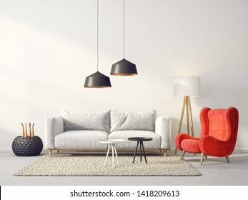 modernes Wohnzimmer mit rotem Sessel und Sofa. skandinavische Möbel für die Innenausstattung. 3D-Darstellung