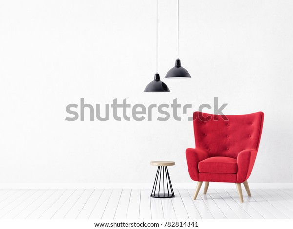 \modern\
living room  with  red armchair and lamp. scandinavian interior\
design \furniture. 3d render\
illustration