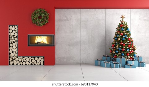 Modern Living Room With Red Fireplace , Christmas Tree And Gif Box- 3d Rendering