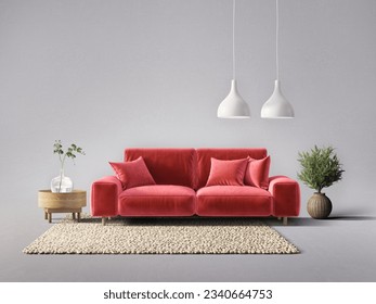 Modern living room with red sofa