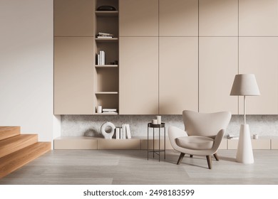 Modern living room showcasing elegant beige furniture, built-in shelves with books and decor, on a soft-toned background. Concept of minimalistic interior design. 3D Rendering. - Powered by Shutterstock