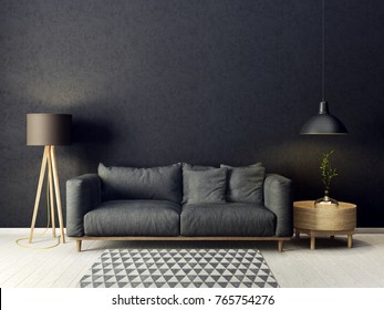 modernes Wohnzimmer mit Sofa und Lampe. skandinavische Möbel für die Innenausstattung. 3D-Darstellung