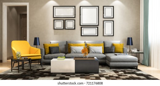 Modern Living Room - Sofa Set With Multi Picture Frame On Wall Elevation / 3d Render