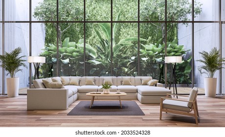 Modern living room with tropical style garden background 3d render, There are wooden floor decorate with white fabric large sofa set
