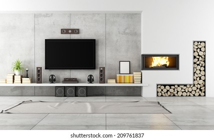 Modern Living Room With TV And Fireplace - Rendering