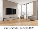 Modern living room with TV on wall, two grey armchairs, city view, minimalist design, bright and open concept. 3D Rendering