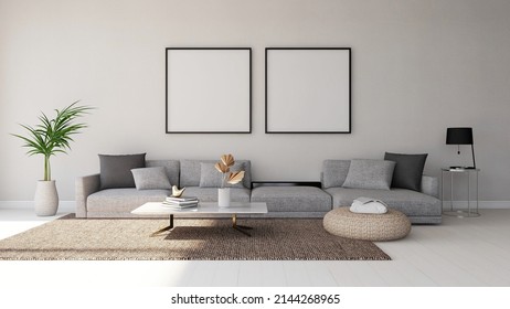 Modern Living Room With Two Square Frame Mockup, Gray Color Sofa And Interior Decoration. 3d Rendering, Interior Design, 3d Illustration