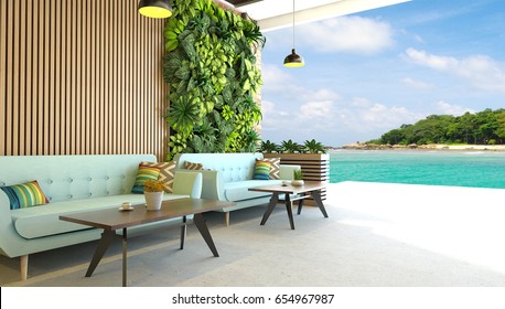 Modern Living Room With Vertical Green Garden And Outdoor Overlooking Tropical Tree Island And Blue Sky Natural Background-3d Render