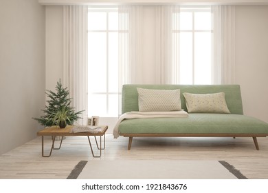 Modern living room in white color with sofa. Scandinavian interior design. 3D illustration - Shutterstock ID 1921843676