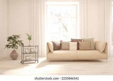 Modern living room in white color with sofa. Scandinavian interior design. 3D illustration - Shutterstock ID 2235846541