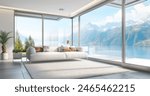 Modern living room with white sofa and large windows overlooking the mountains, lake and city. The glass walls have aluminum window frames. The floor is covered with white carpet.