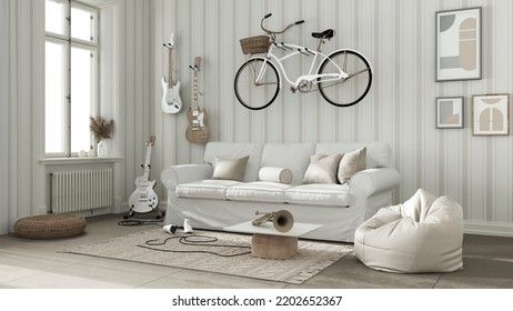 Modern Living Room In White Tones, Striped Wallpaper, Sofa, Bicycle And Musical Instruments Hanging On The Wall, Concrete Floor Tiles, Carpet And Window. Scandinavian Interior Design, 3d Illustration