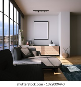 Modern Living Room With Wooden Floors, Cozy Sofa, Minimal Decorations, Empty Frame And Lake View On Window. Empty Frame Mockup Hung On The Wall Can Be Used As Art And Print Mockup. 3D Rendering