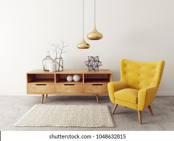 modernes Wohnzimmer mit gelbem Sessel. skandinavische Möbel für die Innenausstattung. 3D-Darstellung
