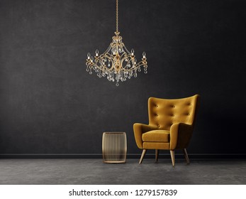 modernes Wohnzimmer mit gelbem Sessel und goldenem Kronleuchter. skandinavische Möbel für die Innenausstattung. 3D-Darstellung