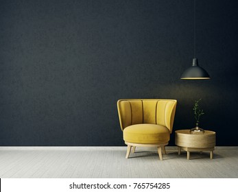 modern living room  with yellow armchair and lamp. scandinavian interior design furniture. 3d render illustration