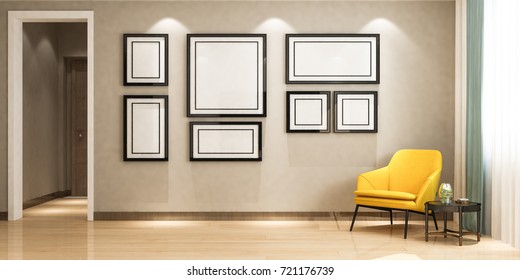 Modern Living Room - Yellow Chair With Multi Picture Frame On Wall Elevation / 3d Render