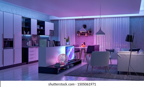 Modern Livingroom With Colored Led Light - Smart Home. 3D Render
