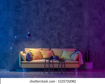 Modern Livingroom with colored led light - Wall background. 3D render