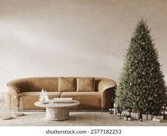 Modern livingroom with decorated Christmas tree and gift background. Modern nature view. 3d rendering. High quality 3d illustration. 3D Illustration