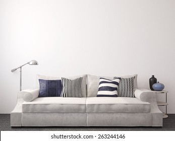 Modern Living-room Interior With Couch Near Empty White Wall. 3d Render.