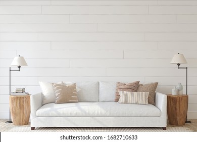 Modern Living-room Interior. Interior Mockup. The White Couch Near Empty Shiplap Wall. 3d Render.