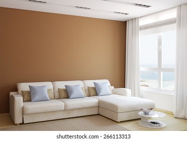 Modern Living-room Interior With White Couch Near Empty Brown Wall. 3d Render.