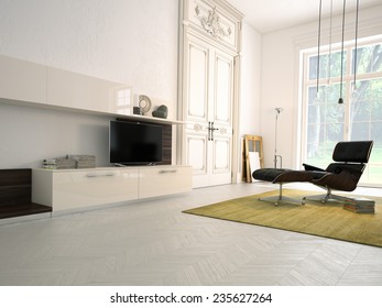 Modern Living-room With TV And Hifi Equipment. 3d Rendering