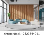 Modern lobby interior featuring stylish seating with blue and white furniture, a round rug, and a wooden wall. Bright and spacious room design. 3D Rendering