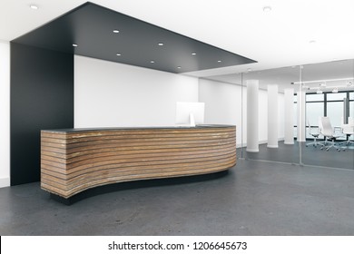 Modern lobby interior with reception desk. Office concept. 3D Rendering 
