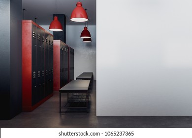 Modern Locker Room Interior With Copy Space On Wall. Sports Advertisement Concept. Mock Up, 3D Rendering 