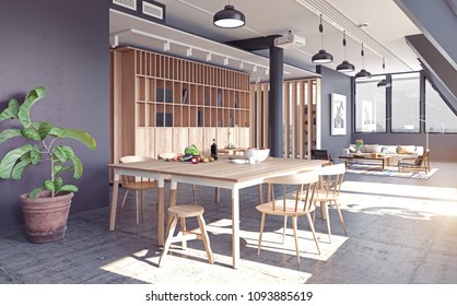 Modern Loft Apartment Interior. 3d Rendering Concept